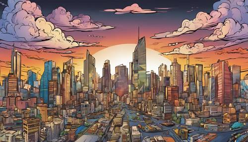 Un animado horizonte urbano de dibujos animados al atardecer con relucientes rascacielos y calles transitadas debajo.