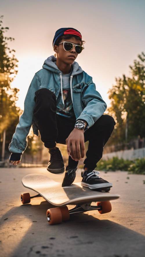 A cool teenage boy wearing stylish sunglasses while skateboarding in a dynamic, urban graffiti park during sunset.