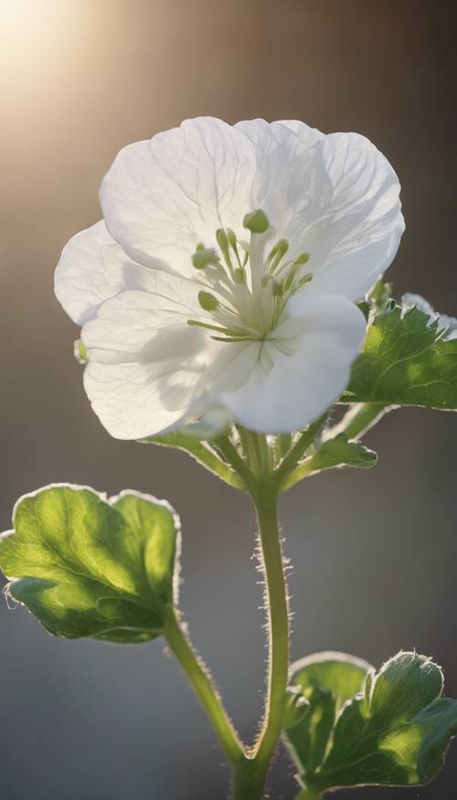 A white geranium flower opening towards a soft morning light. Tapéta [aabb698b848b49b4ae55]