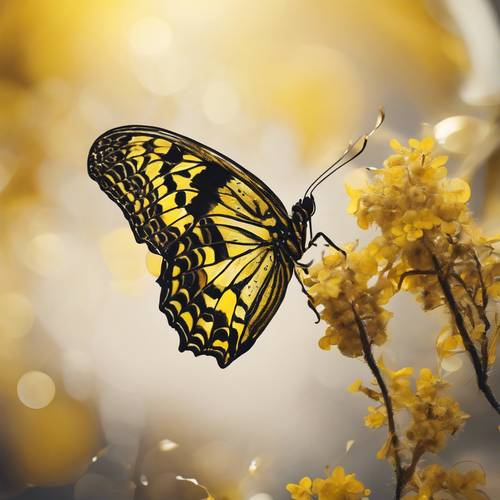 Padrões intrincados das asas de uma borboleta amarela e preta.