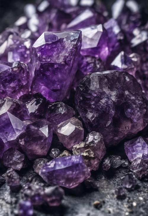 Un grupo de cristales de amatista púrpura sobre una veta plateada rugosa.