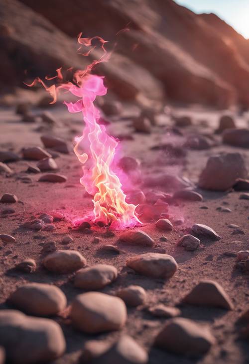 A pink fire blazing brightly, casting vivid shadows across a rocky desert floor.