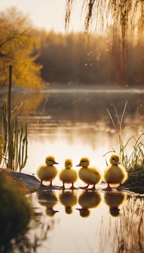 Пара пушистых желтых утят ковыляют в ряд возле спокойного пруда на рассвете.