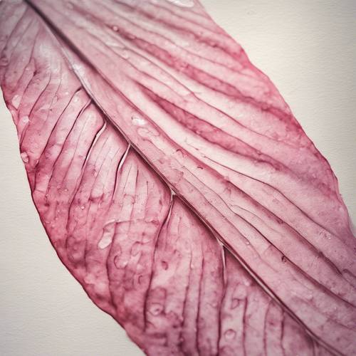 A detailed watercolor painting of a pink palm leaf on handmade paper.