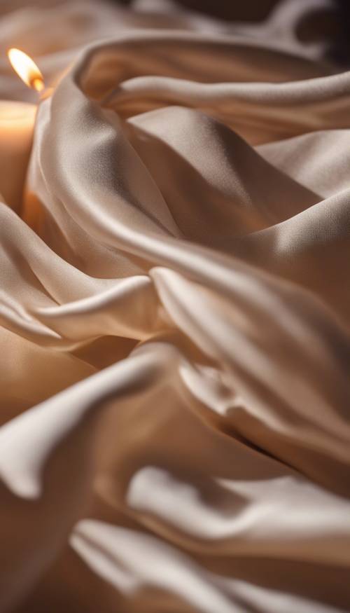 Un motif de tissu en soie illuminé par la lueur romantique d’une bougie, projetant de douces ombres sur ses plis.
