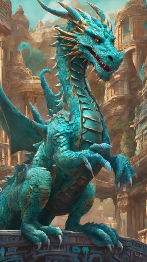 Una visione coinvolgente di un drago turchese, un personaggio intricato, in un gioco fantasy in stile arcade.