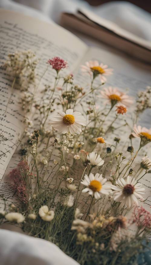 Fiori di campo appena tagliati da un giardino cottagecore disposti ordinatamente in un diario floreale ispirato al tomo vintage.