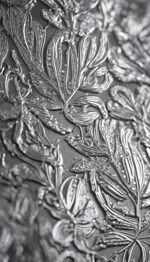 İnce, karmaşık desenlerle detaylandırılmış gümüş yaprak dokusunun yakın çekimi.