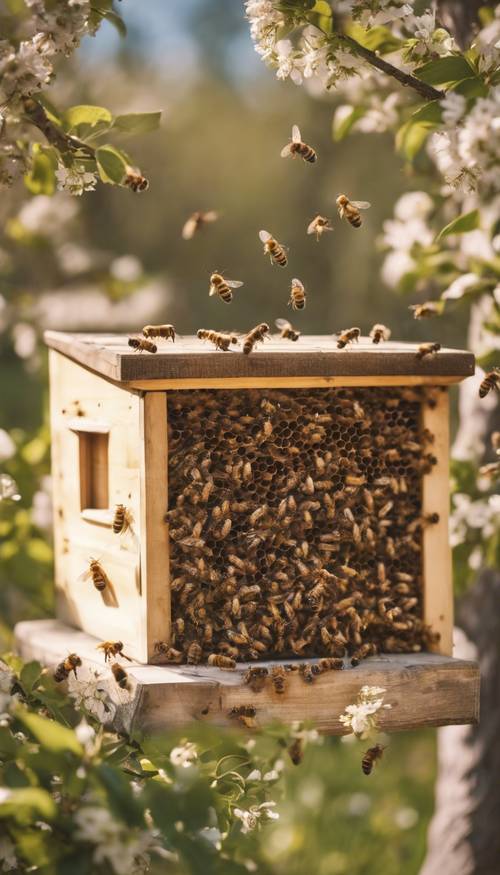 A swarm of bees buzzing round a wooden hive nestled against an apple tree in spring Kertas dinding [c1b26b232f9643029502]
