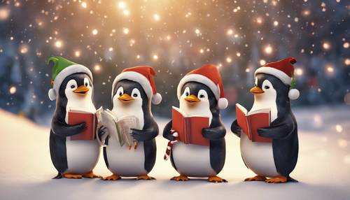 A group of cartoon penguins singing Christmas carols, holding songbooks.