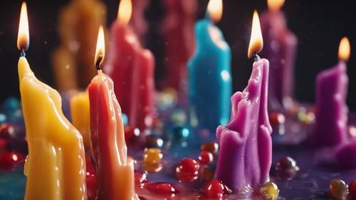 A close-up view of a burning multicolored candle, with its wax melting and dripping down.