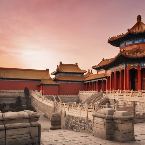 Вечный горизонт Запретного города в Пекине под красным заходящим солнцем.