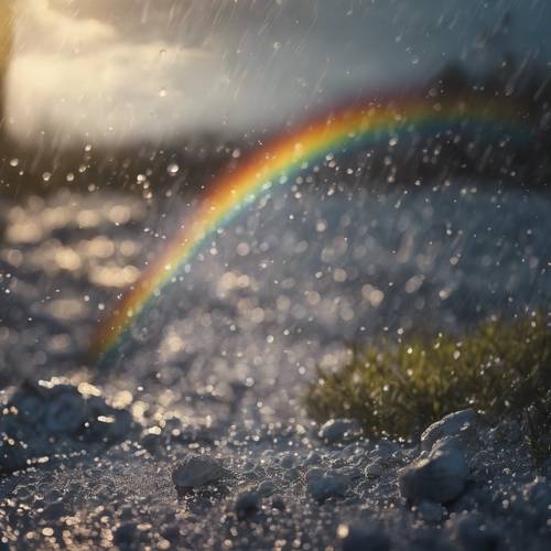 Um arco-íris aparecendo após uma intensa tempestade de granizo.