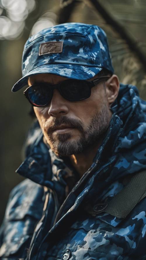 A hunting cap designed with a deep ocean blue camouflage pattern.