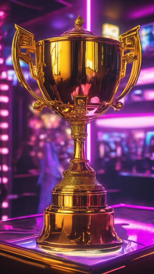 A shimmering, golden trophy standing on the top shelf of a glass case in a prestigious gaming lounge.