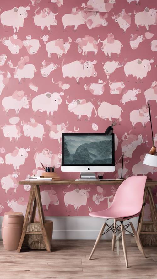 おしゃれなピンクの牛柄壁紙でホームオフィスをおしゃれに演出