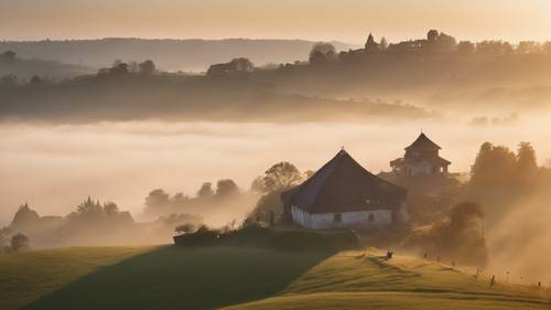 Sương mù lăn xuống một ngôi làng trên đỉnh đồi lúc bình minh.