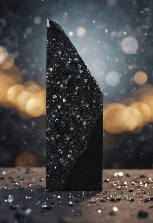 Ein schwarzer Stein, der in zwei Hälften gespalten ist und im Inneren glitzernde Kristalle freigibt.