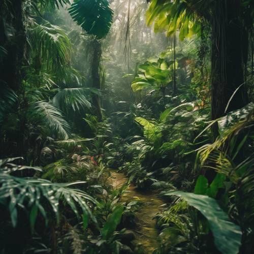 Вид на мистический тропический лес, полный экзотических растений и ярких цветов.