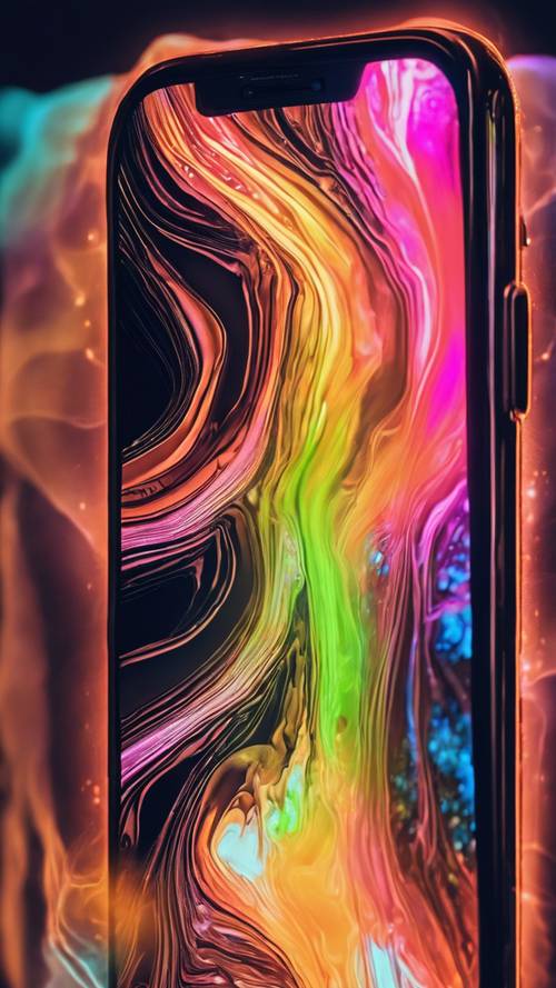 An image of an iPhone XS glowing in the dark displaying a neon lights screensaver. Tapeet [a802acbf77274e64bc19]