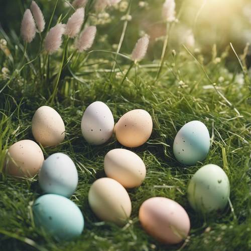 סצנת חג הפסחא שלווה עם ביצים בצבע פסטל חבויות בדשא תחת אור רך של בוקר.
