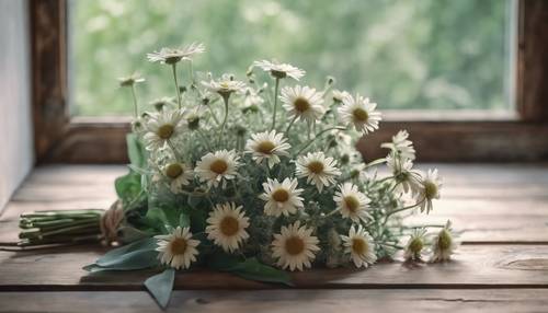 Buket segar bunga aster hijau bijak di atas meja kayu pedesaan dengan cahaya lembut dari jendela di dekatnya.