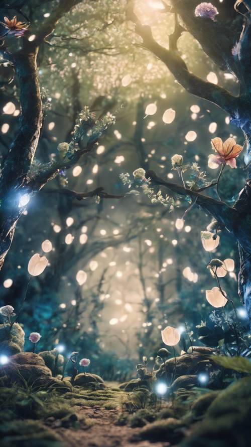 Représentation animée d&#39;une forêt enchantée au clair de lune avec une flore particulière et des créatures lumineuses.