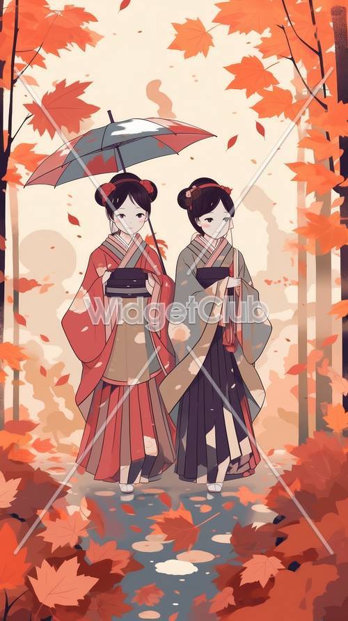 Autumn Leaves and Kimonos Sisters Tapet [d2271e875a144c9fba31]