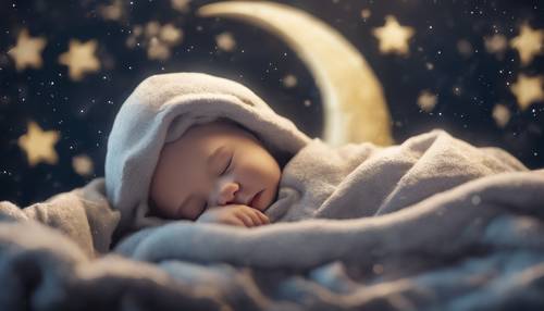 A sleeping cartoon moon cradling a blanket of stars. Wallpaper [2b692521e50b477381cc]