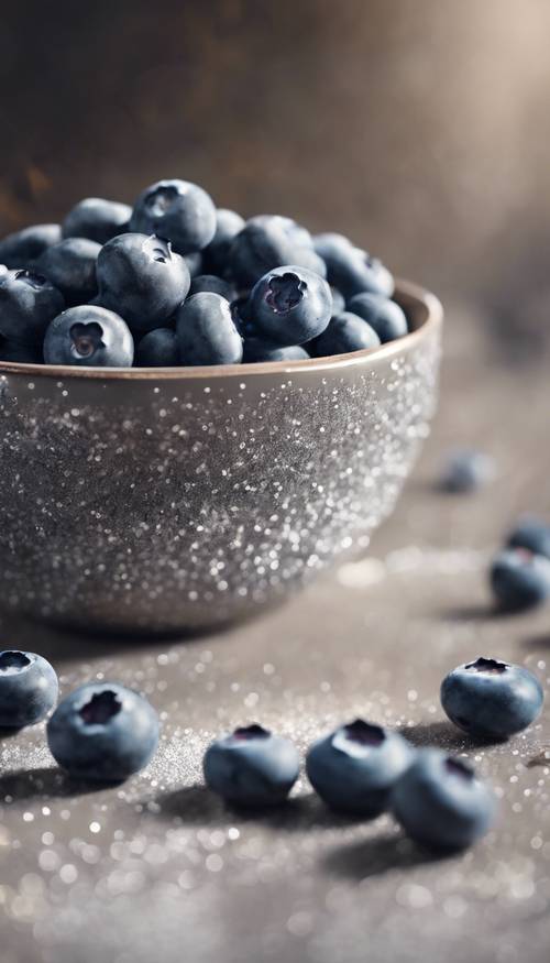 一碗多汁的蓝莓，上面撒满了可爱的灰色亮片。