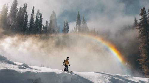 A snowboarder passionately riding through a rainbow-casted mist from a nearby waterfall.