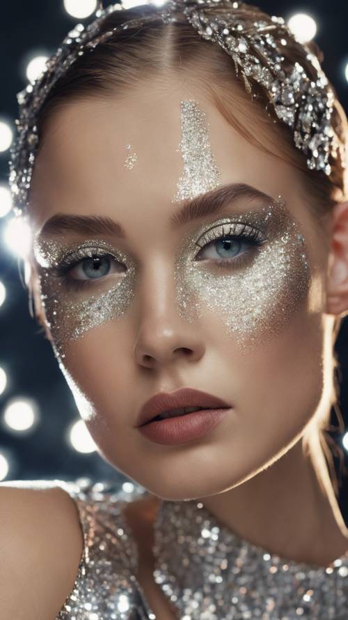 A close-up view of a Y2K inspired, sparkly glam makeup on a female model. Ფონი [cdf39a67233c49a28c15]