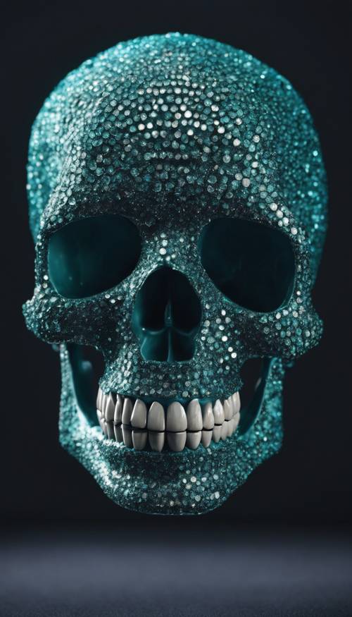 Un crâne détaillé à paillettes sarcelle avec des dents en diamant scintillantes sur un fond bleu marine foncé.