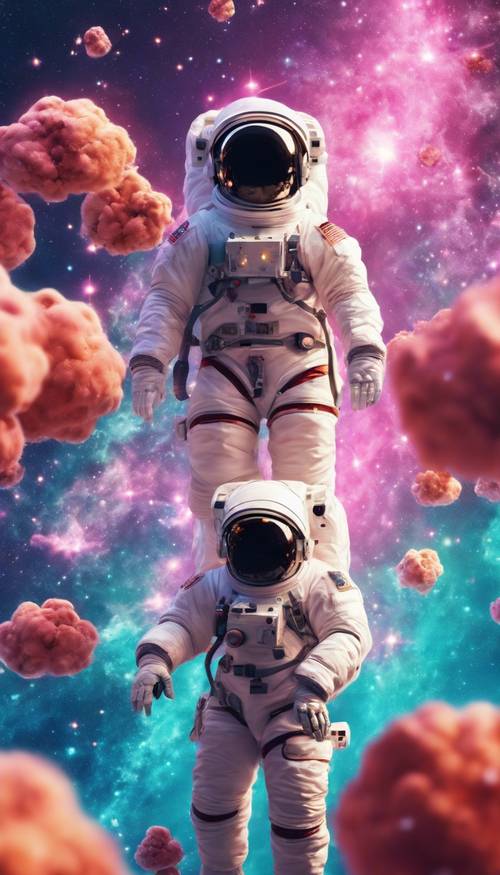 Astronautas kawaii flutuando em uma galáxia vibrante repleta de nebulosas em formato de coração