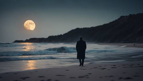 빛나는 달 아래 고요하고 어두운 해변을 산책하는 외로운 방랑자.
