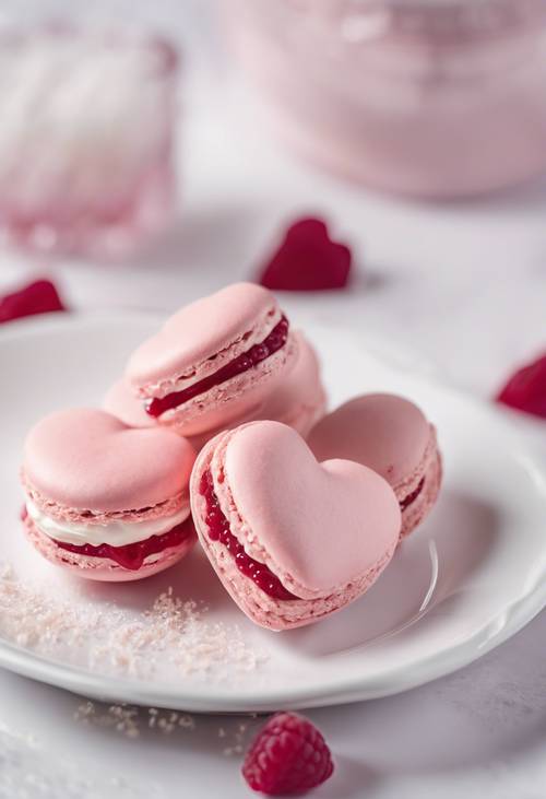 Macaron berbentuk hati berwarna merah muda muda dengan isian raspberry, diletakkan di atas piring putih bersih.