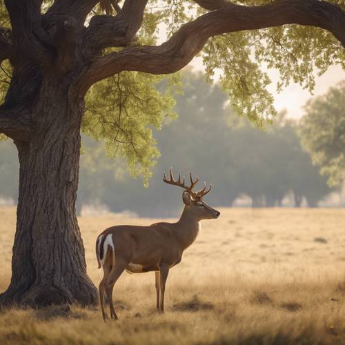 A deer grazing peacefully on a quiet plain under protective watch of the towering oak tree