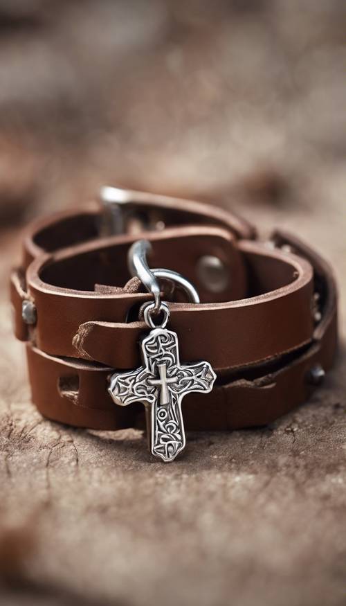 A stylized brown leather bracelet with a miniature silver cross hanging from it.