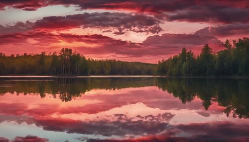 مشهد هادئ لغروب الشمس القرمزي فوق بحيرة هادئة تشبه المرآة مع غابة تحيط بالمياه