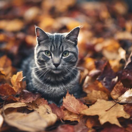 Eine grau gestreifte Katze, die sich in einem Haufen Herbstlaub versteckt. Hintergrund [f43d6321e67849f7b903]