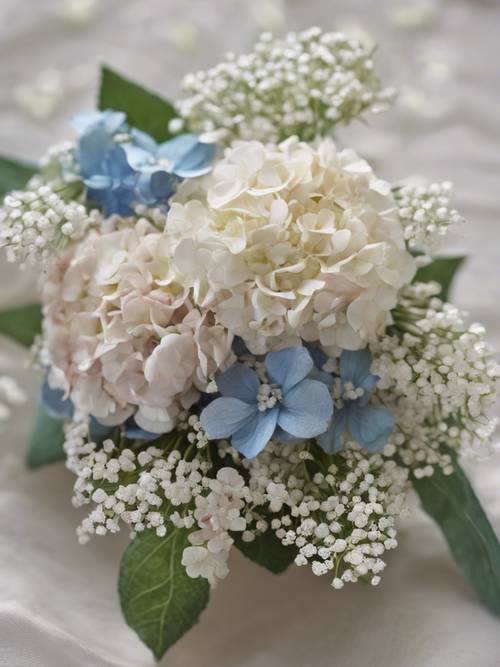 An old-fashioned corsage made from vintage hydrangeas and baby's breath, evoking an antiquated charm.