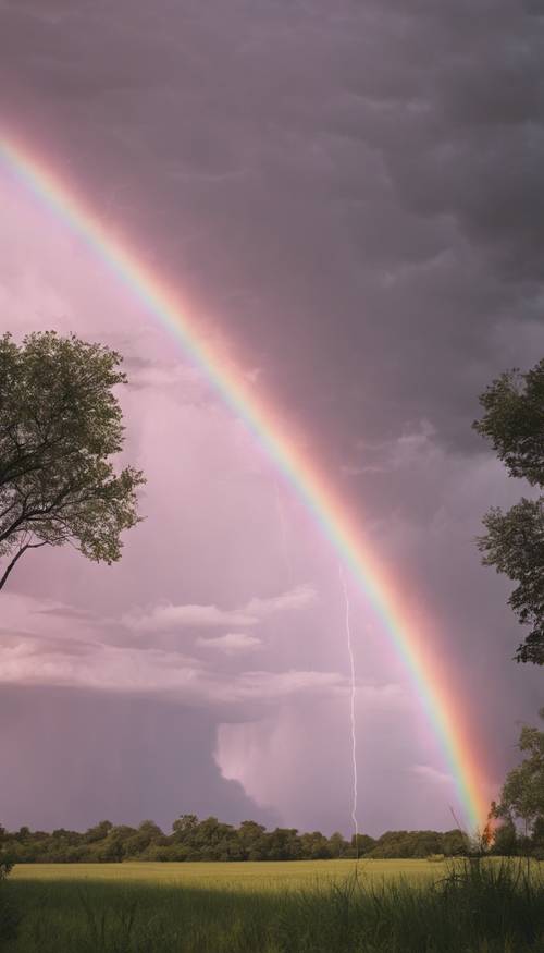 Twin pink rainbows appearing after a thunderstorm.