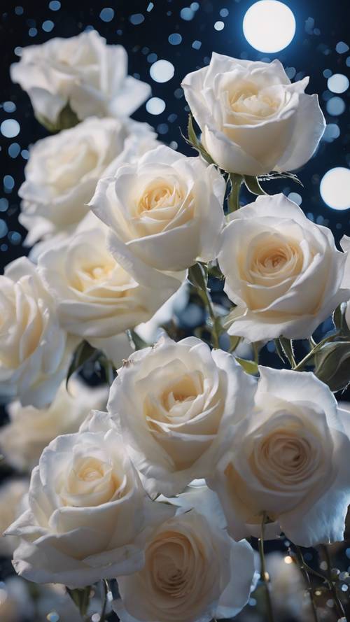 Eine Konstellation weißer Rosen, die wie ein himmlischer Blumenstrauß über den Mitternachtshimmel fallen.