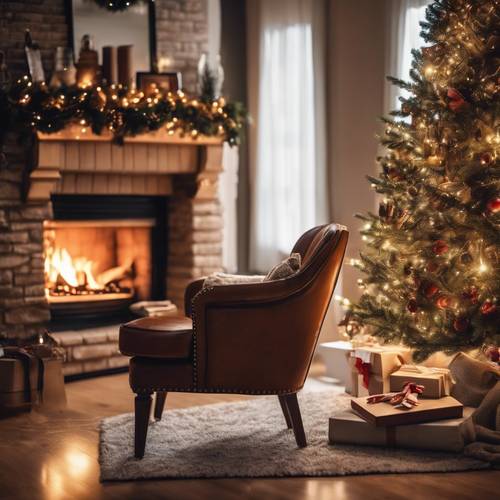 A cozy Christmas scene with a lit fireplace, brown leather armchair, and a decorated Christmas tree.