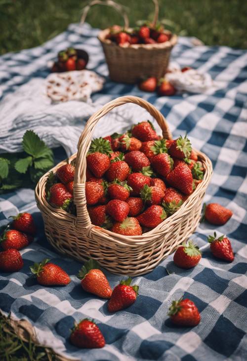 A collection of yesteryears' strawberries in a wicker basket on a picnic cloth.
