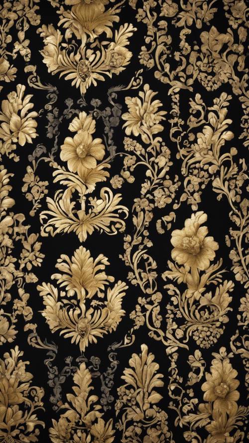 Una tela de damasco negro con intrincados motivos florales y detalles dorados.