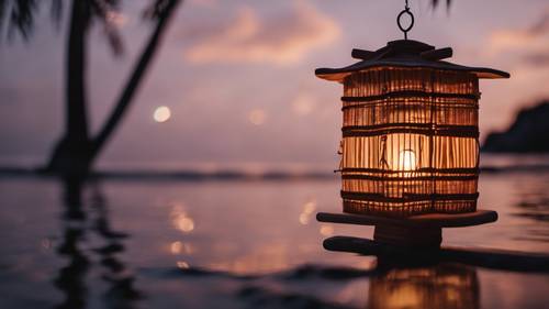A handcrafted bamboo lantern glowing in the dusk