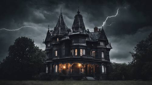 A spooky old gothic mansion, painted black, under a lightning-ridden, cloudy night sky.