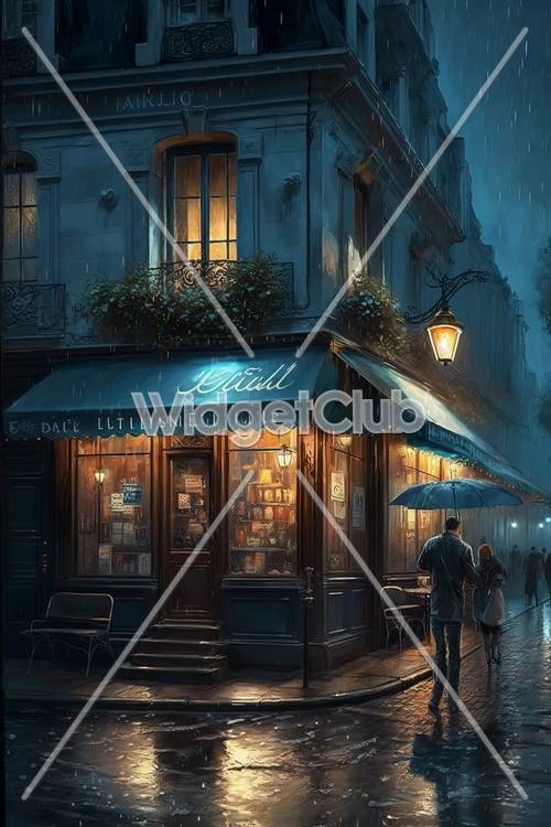 Rainy Evening at a Cozy Parisian Cafe Tapeta[f88b433039be44128e09]