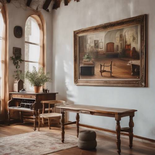 Czyste, dobrze oświetlone miejsce wypełnione rustykalnym urokiem mebli w stylu vintage, z twardego drewna i klasycznych obrazów na ścianach
